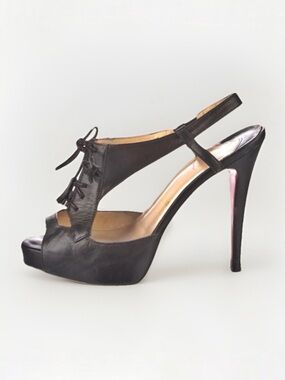 Christian Louboutin black leather lace up open toe platform slingback heels